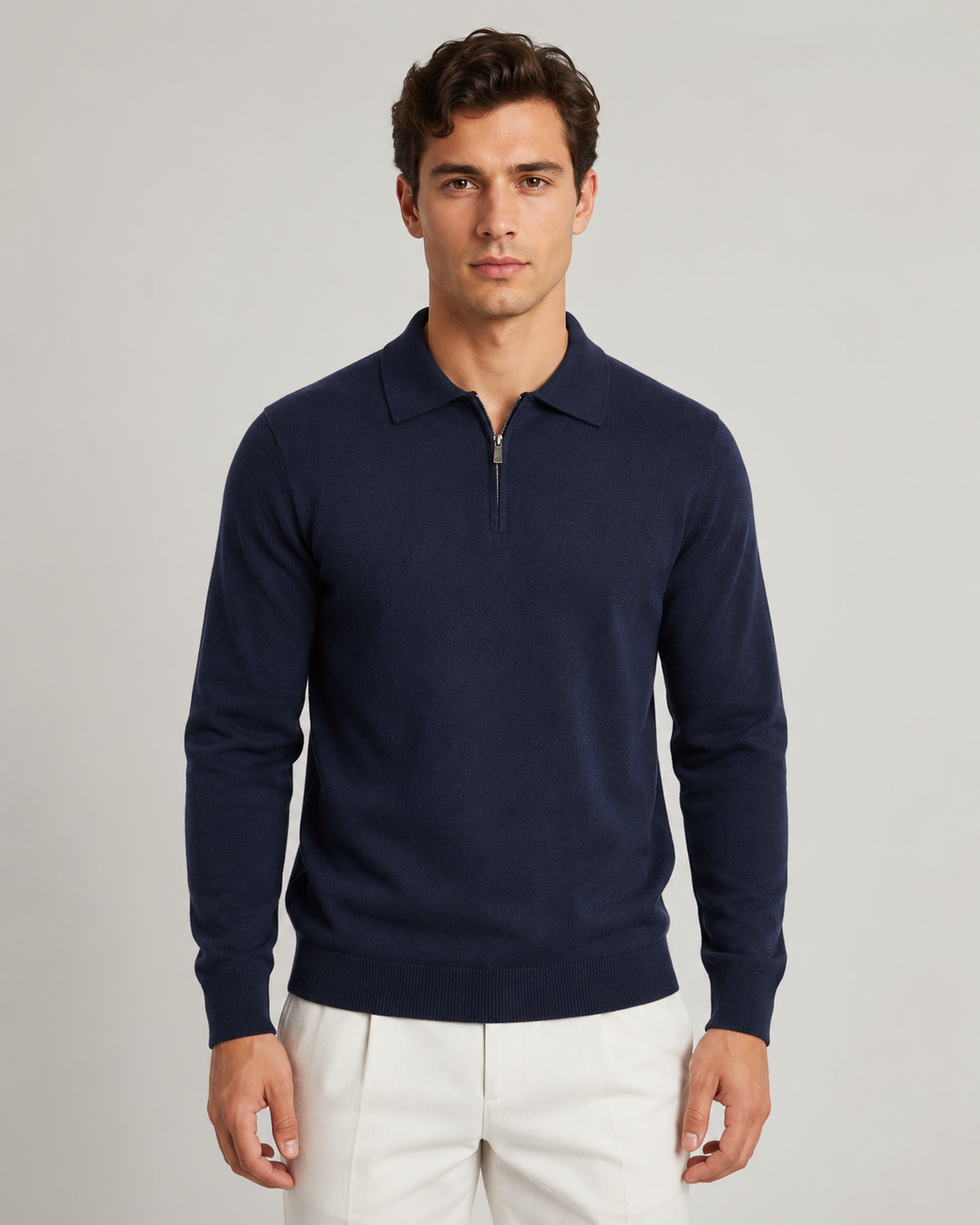 Men's Quarter Zip Knitted Polo | Long Sleeve | Soft Knit | Smart Casual Sweater | Steven & Levon