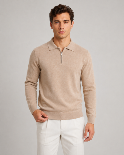 Men's Quarter Zip Knitted Polo | Long Sleeve | Soft Knit | Smart Casual Sweater | Steven & Levon