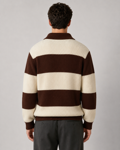 Men's Striped Knit Polo Sweater | Button Collar | Long Sleeve | Soft Knit | Smart Casual | Steven & Levon