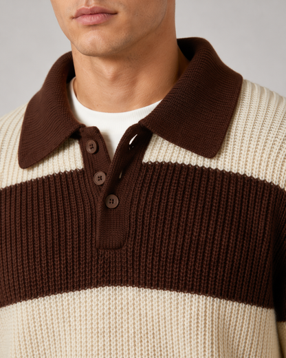Men's Striped Knit Polo Sweater | Button Collar | Long Sleeve | Soft Knit | Smart Casual | Steven & Levon