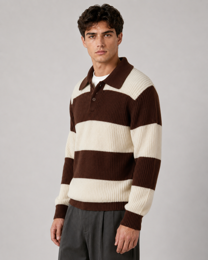 Men's Striped Knit Polo Sweater | Button Collar | Long Sleeve | Soft Knit | Smart Casual | Steven & Levon