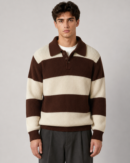Men's Striped Knit Polo Sweater | Button Collar | Long Sleeve | Soft Knit | Smart Casual | Steven & Levon