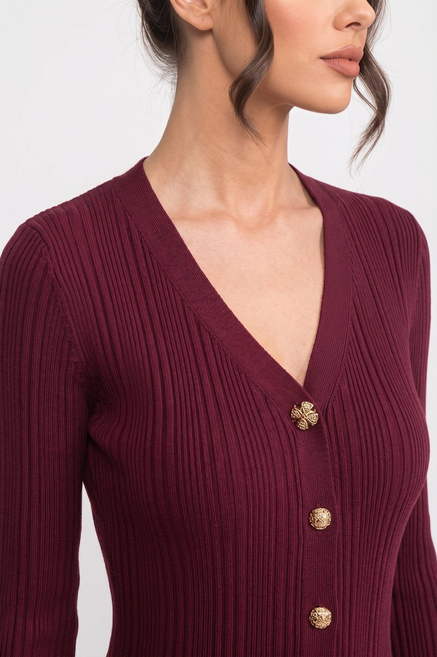 V Neck Ribbed Knit Maxi Dress | Women | Button Front | Ruffle Cuffs | Burgundy | Steven & Levon