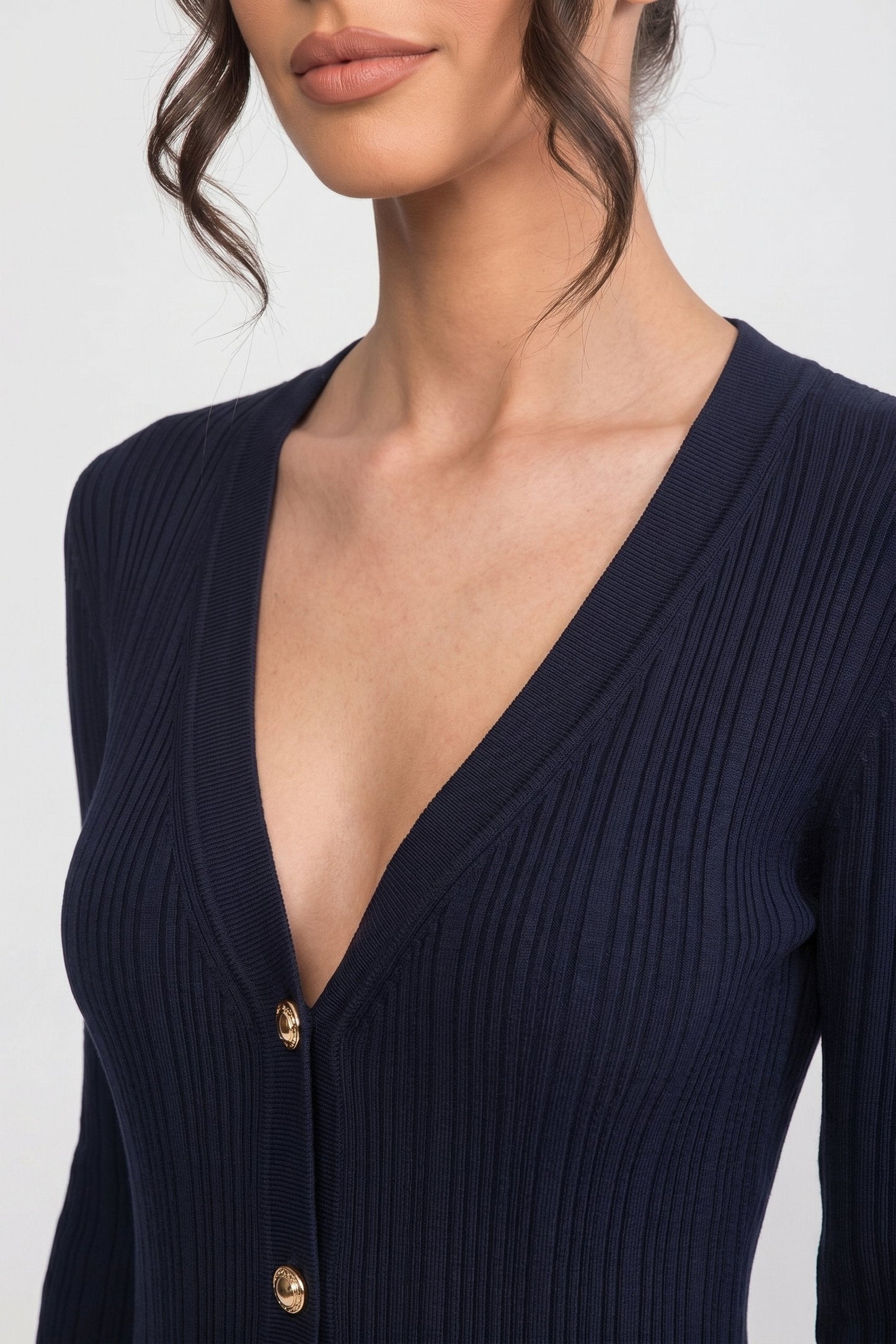 Long Sleeve Knit Maxi Dress | Women | Button Front | Pleated | Contrast Cuffs | Navy | Steven & Levon