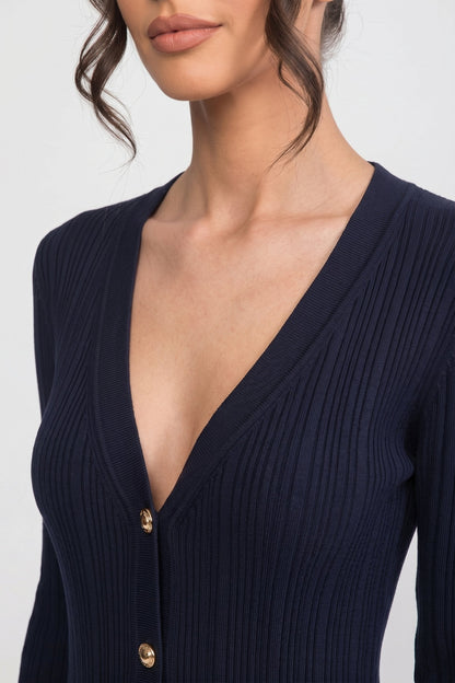 Long Sleeve Knit Maxi Dress | Women | Button Front | Pleated | Contrast Cuffs | Navy | Steven & Levon