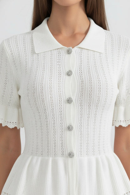 Peter Pan Collar Knit Maxi Dress | Women's Peplum Knit Dress | Lace Hem | White | Steven & Levon