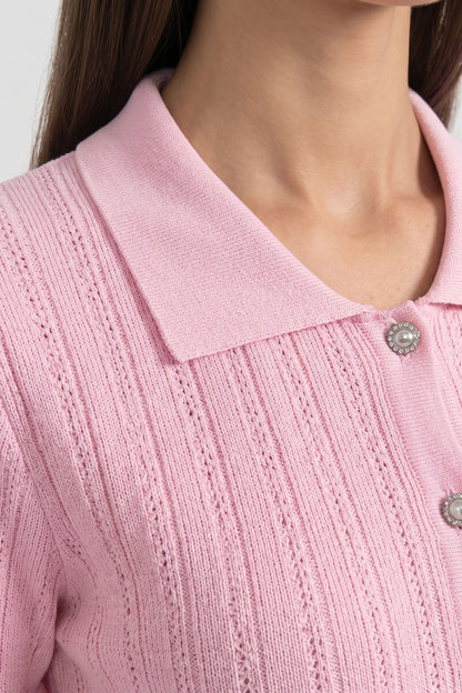 Peter Pan Collar Knit Maxi Dress | Women's Peplum Knit Dress | Lace Hem | Pink | Long Sleeve Elegant Dress | Steven & Levon