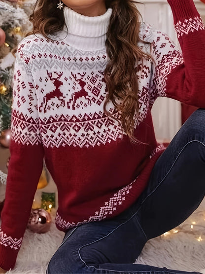 Christmas Deer Print Sweater | Turtleneck | Casual Festive Knitwear | Steven & Levon