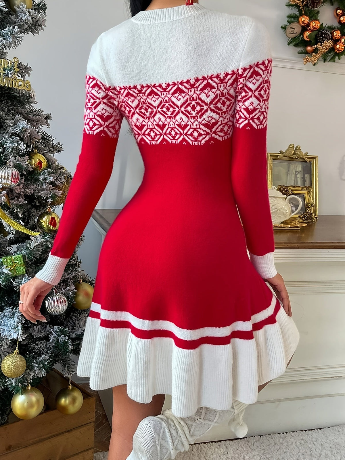 Geo Pattern Christmas Dress | Womens Long Sleeve Holiday Dress | Cotton Blend | Steven & Levon