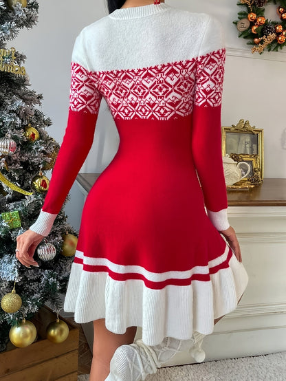 Geo Pattern Christmas Dress | Womens Long Sleeve Holiday Dress | Cotton Blend | Steven & Levon