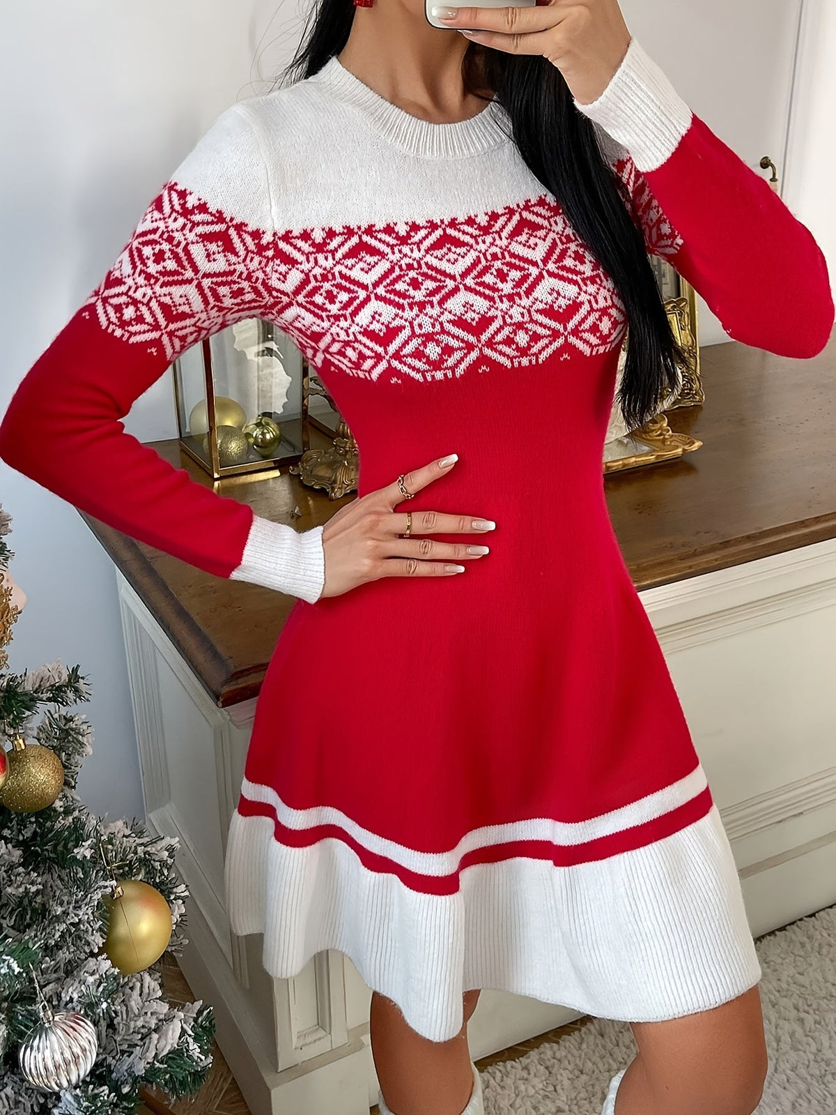 Geo Pattern Christmas Dress | Womens Long Sleeve Holiday Dress | Cotton Blend | Steven & Levon