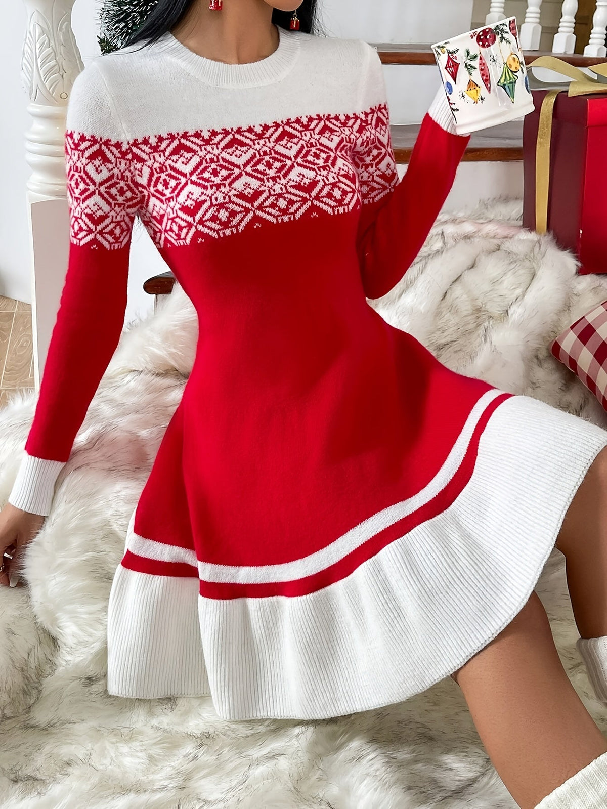 Geo Pattern Christmas Dress | Womens Long Sleeve Holiday Dress | Cotton Blend | Steven & Levon