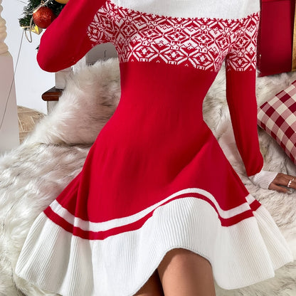 Geo Pattern Christmas Dress | Womens Long Sleeve Holiday Dress | Cotton Blend | Steven & Levon