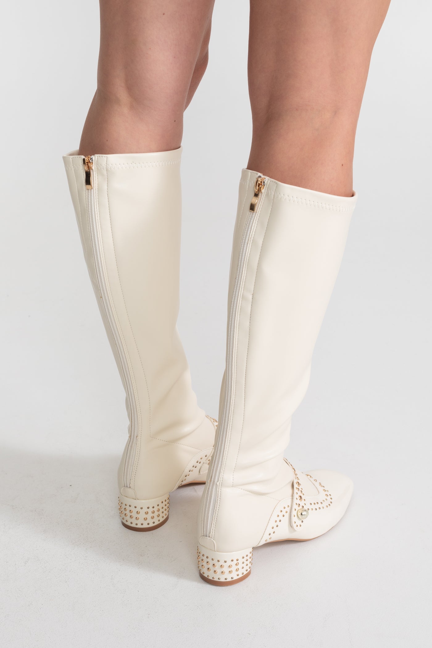 Studded Knee High Boots | Women | Pearl Strap | Ivoire | Steven & Levon