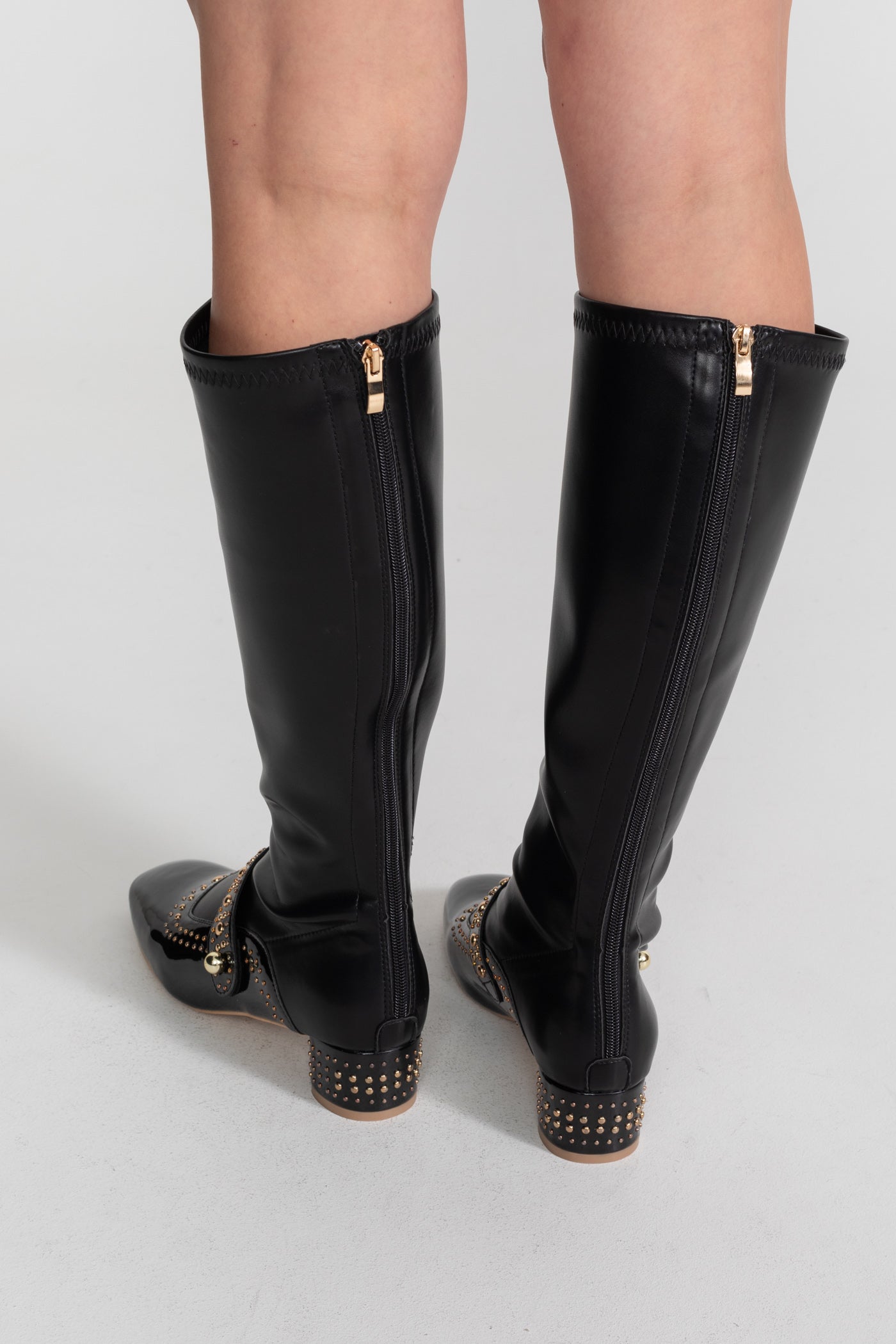 Studded Knee High Boots | Women | Pearl Strap | Black | Steven & Levon