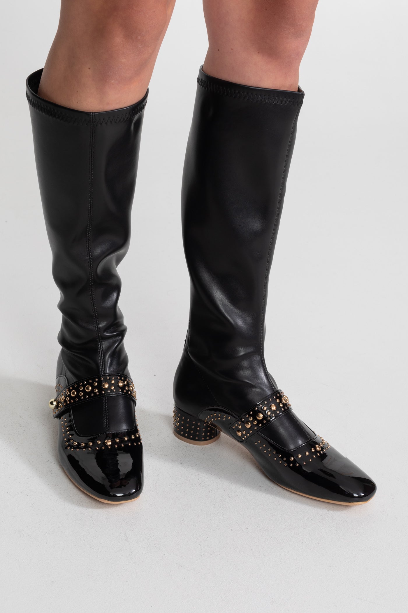 Studded Knee High Boots | Women | Pearl Strap | Black | Steven & Levon