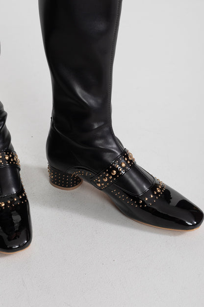 Studded Knee High Boots | Women | Pearl Strap | Black | Steven & Levon