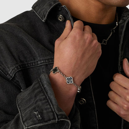 Clover Onyx Bracelet | Men | Stainless Steel | Silver & Gold | Onyx Stone | Clover Design | Steven & Levon