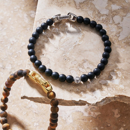 Onyx Lock Bracelet | Men | Black Onyx & Gold or Silver | Adjustable Beaded Bracelet | Steven & Levon