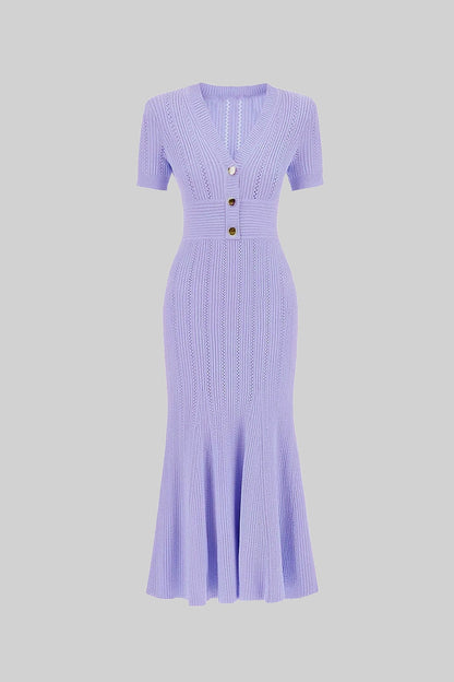 Ribbed Knit Midi Dress | Women | V-Neck | Gold Buttons | Lilac | Steven & Levon