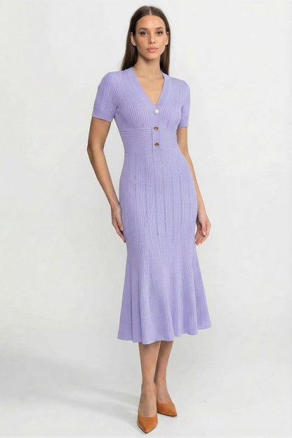 Ribbed Knit Midi Dress | Women | V-Neck | Gold Buttons | Lilac | Steven & Levon