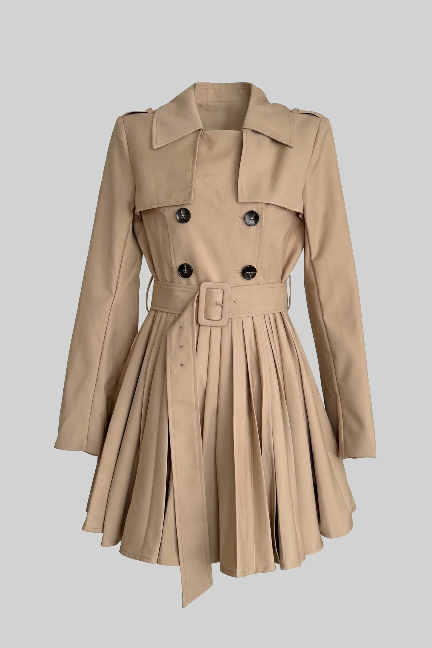 Women's Double Breasted Belted Trench Coat | Khaki | Pleated Skirt | Long Overcoat | Steven & Levon