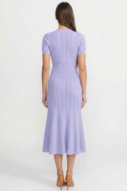 Ribbed Knit Midi Dress | Women | V-Neck | Gold Buttons | Lilac | Steven & Levon