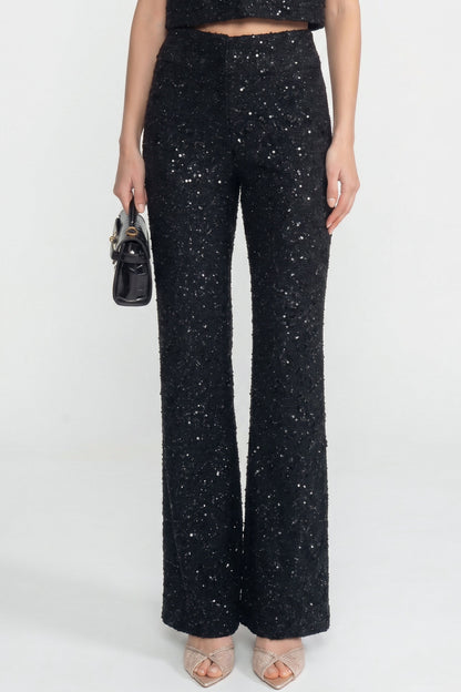 Wide Leg Tweed Trousers | Women | Sequin Detail | Black | High Waist Tailored Fit | Steven & Levon