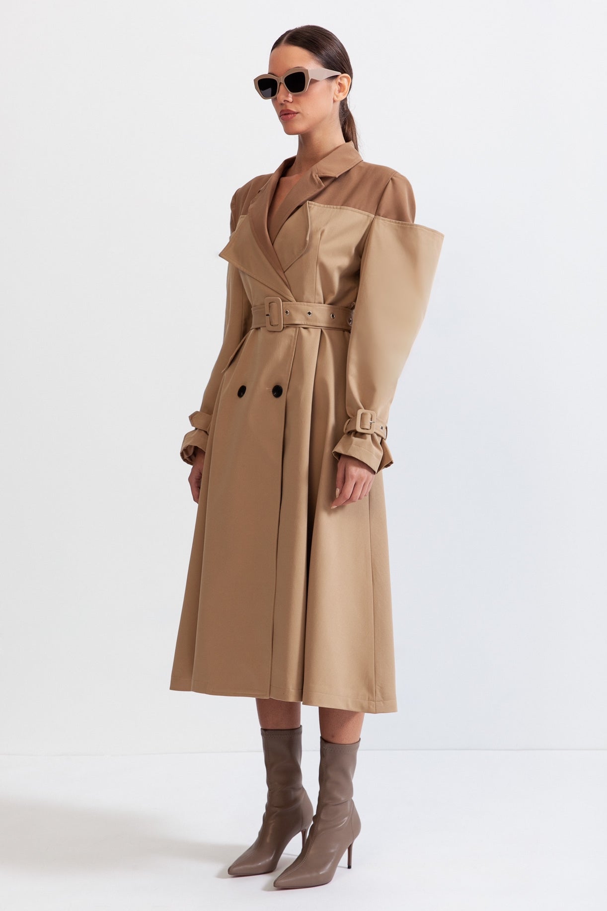 Women's Double Layer Trench Coat | Nude | Belted Waist | Long Overcoat | Steven & Levon