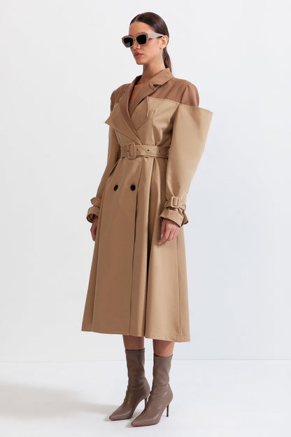 Women's Double Layer Trench Coat | Nude | Belted Waist | Long Overcoat | Steven & Levon