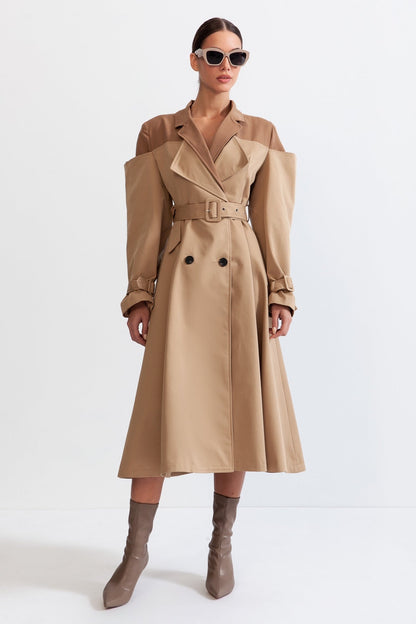 Women's Double Layer Trench Coat | Nude | Belted Waist | Long Overcoat | Steven & Levon