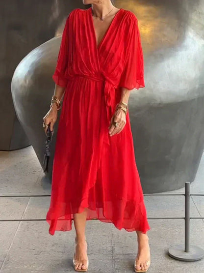 Elegant Wrap Tie Waist Midi Dress | Women | Wrap Front V-Neck | Waist Defining Fit | Wedding Guest & Evening Dress | Steven & Levon