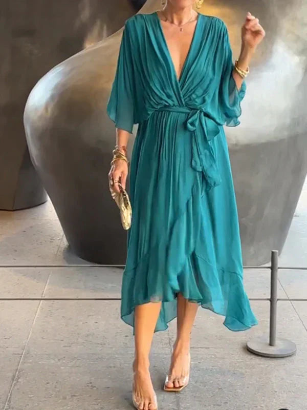 Elegant Wrap Tie Waist Midi Dress | Women | Wrap Front V-Neck | Waist Defining Fit | Wedding Guest & Evening Dress | Steven & Levon