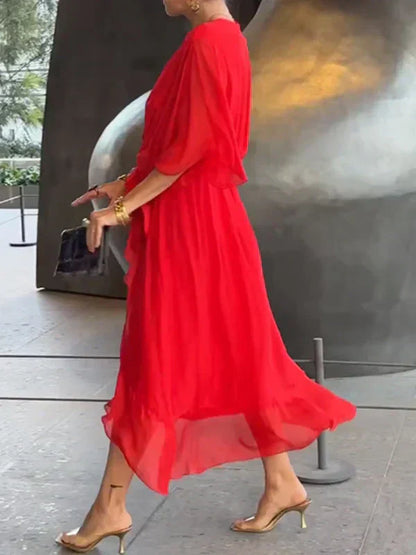 Elegant Wrap Tie Waist Midi Dress | Women | Wrap Front V-Neck | Waist Defining Fit | Wedding Guest & Evening Dress | Steven & Levon