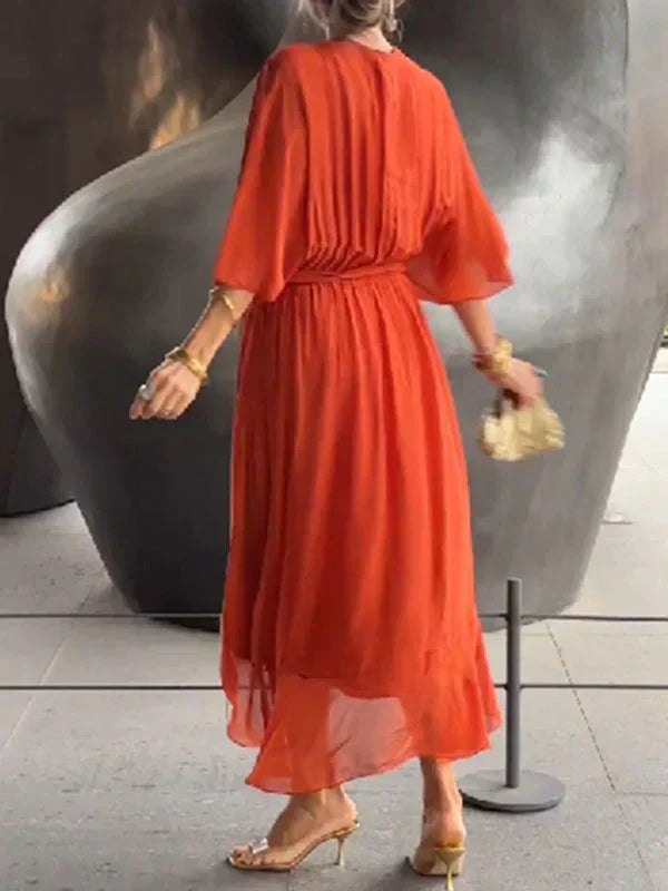 Elegant Wrap Tie Waist Midi Dress | Women | Wrap Front V-Neck | Waist Defining Fit | Wedding Guest & Evening Dress | Steven & Levon
