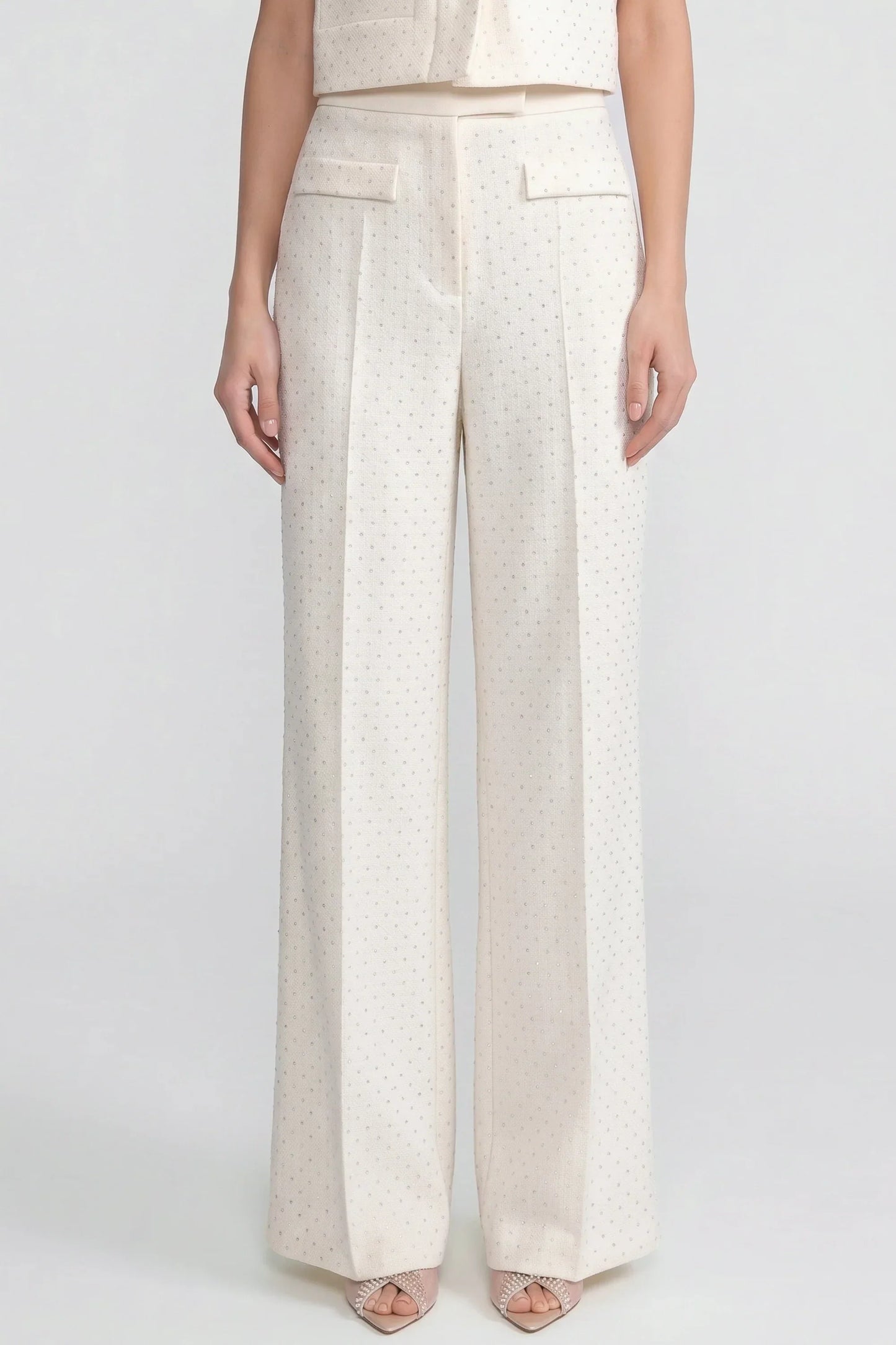 Wide Leg Tweed Trousers | Women | Embellished Texture | Patch Pockets | Ivoire | Steven & Levon