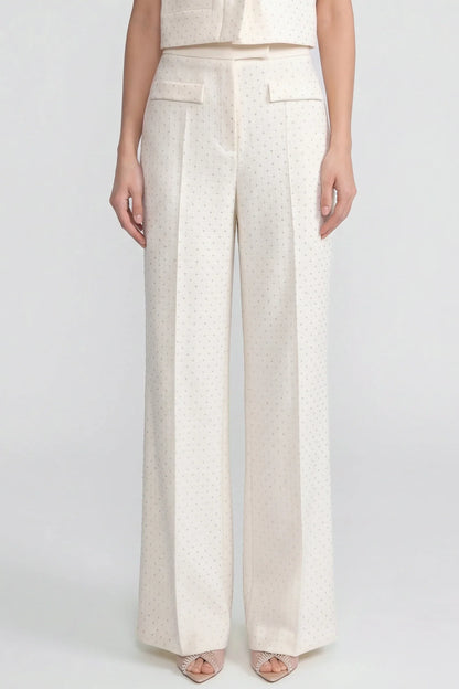 Wide Leg Tweed Trousers | Women | Embellished Texture | Patch Pockets | Ivoire | Steven & Levon