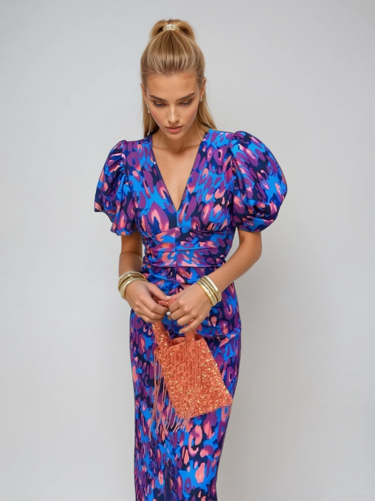 Women's Puff Sleeve Print Midi Dress | Floral Occasion Dress | Steven & Levon