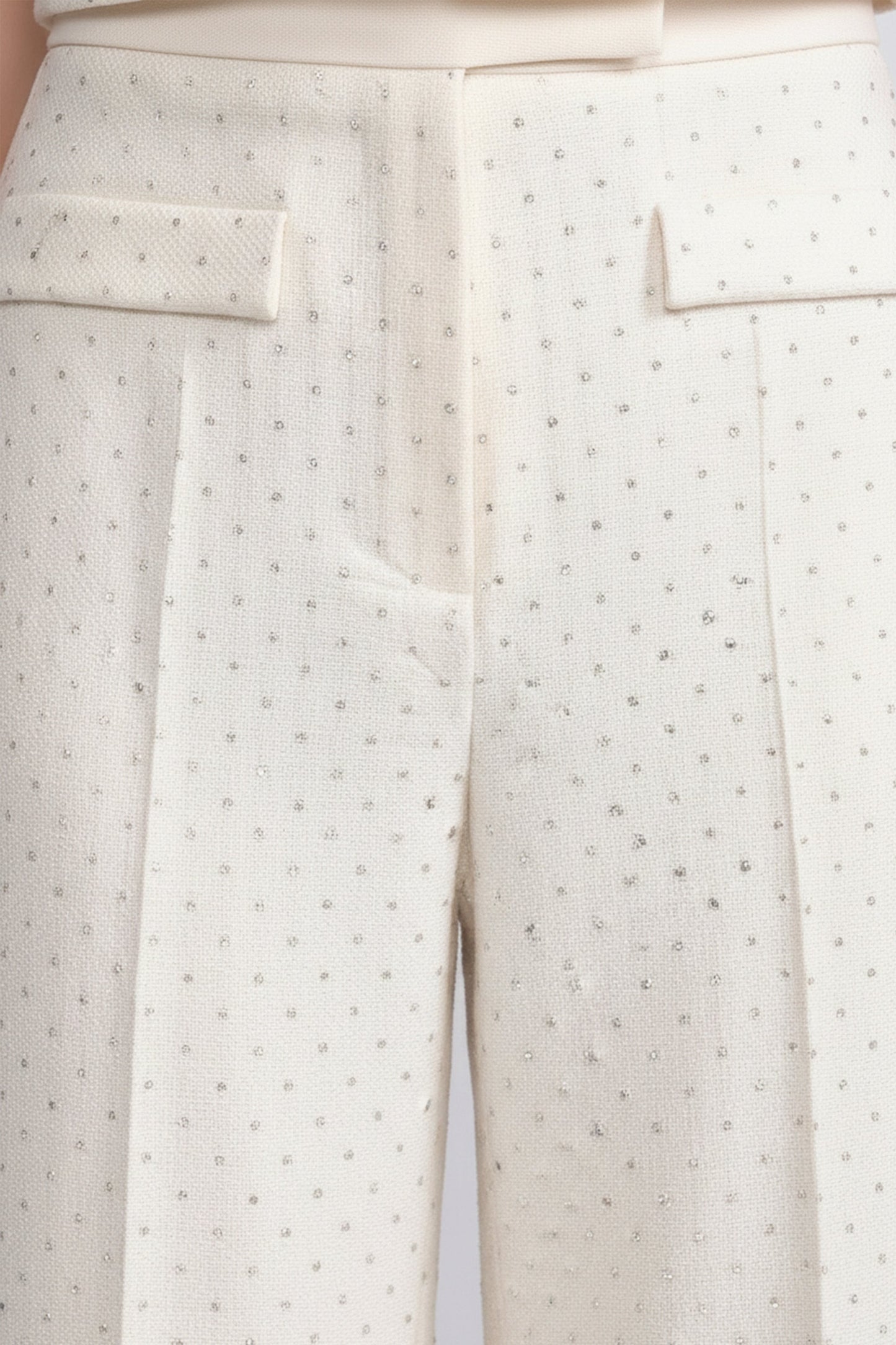 Wide Leg Tweed Trousers | Women | Embellished Texture | Patch Pockets | Ivoire | Steven & Levon