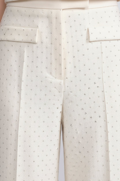 Wide Leg Tweed Trousers | Women | Embellished Texture | Patch Pockets | Ivoire | Steven & Levon