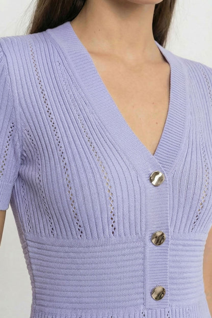 Ribbed Knit Midi Dress | Women | V-Neck | Gold Buttons | Lilac | Steven & Levon