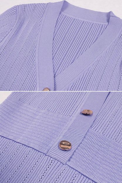 Ribbed Knit Midi Dress | Women | V-Neck | Gold Buttons | Lilac | Steven & Levon