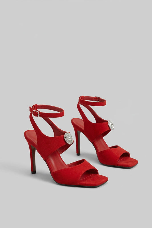 Suede High Heel Sandals | Women | Crystal Embellishment | Red | Evening Dress Shoes | Steven & Levon