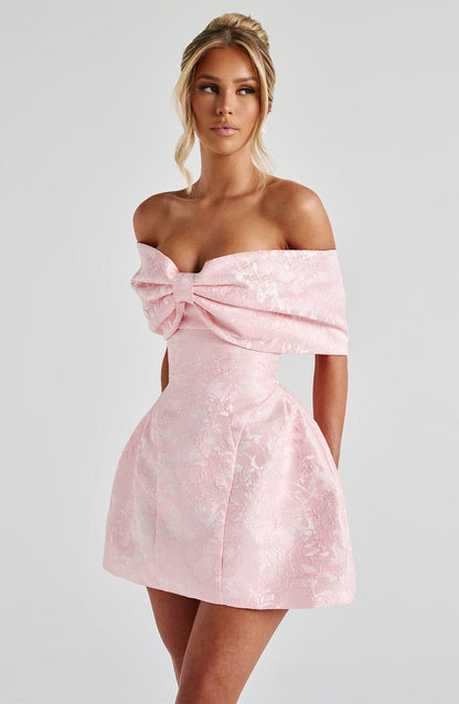 Women’s Off Shoulder Bow Bardot Mini Dress | Structured Fit | Tulip Skirt & Lace-Up Back | Steven & Levon