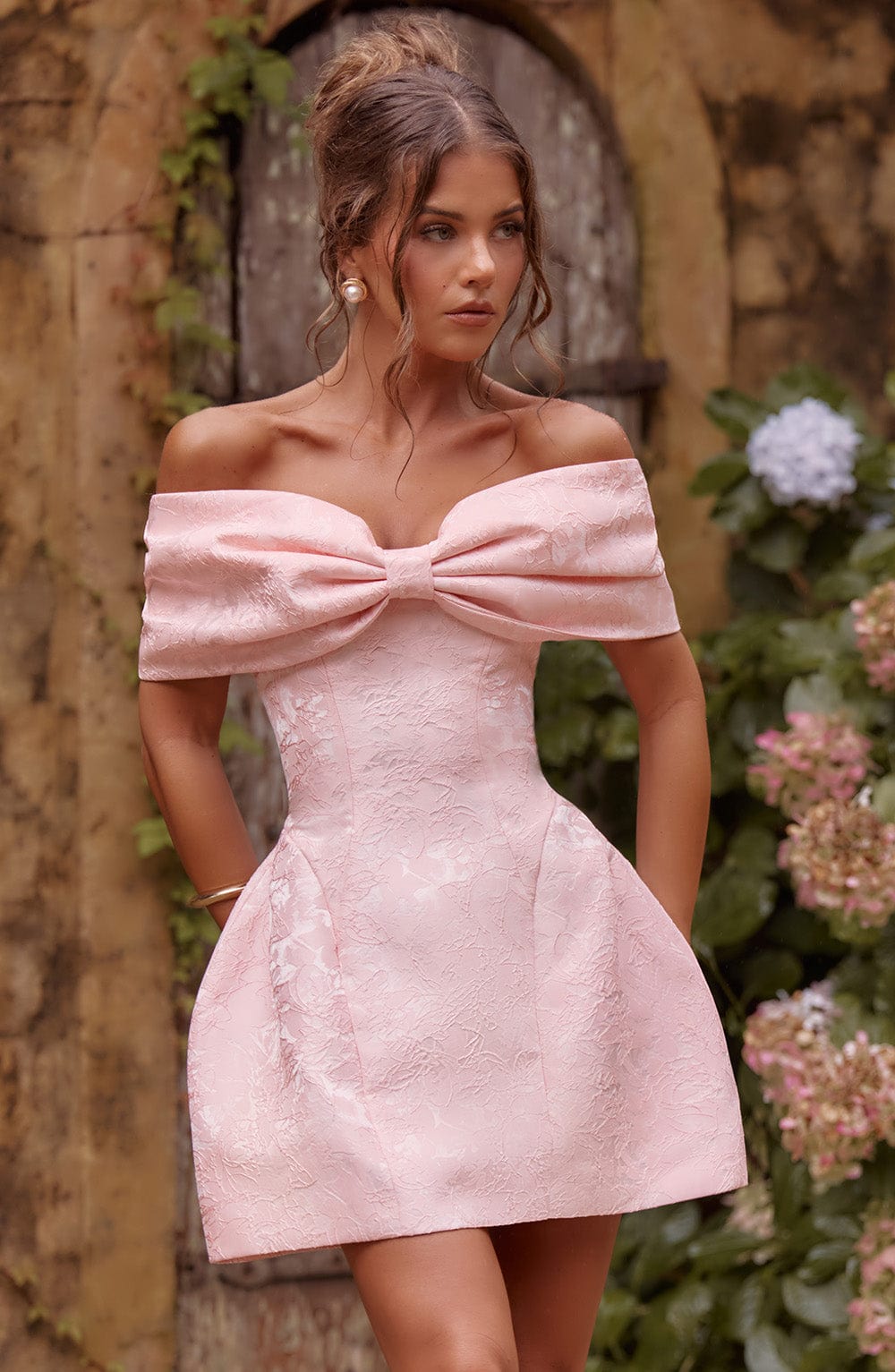 Women’s Off Shoulder Bow Bardot Mini Dress | Structured Fit | Tulip Skirt & Lace-Up Back | Steven & Levon