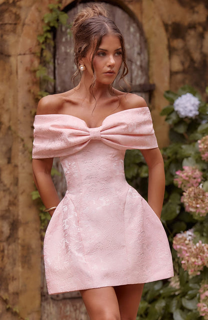 Women’s Off Shoulder Bow Bardot Mini Dress | Structured Fit | Tulip Skirt & Lace-Up Back | Steven & Levon