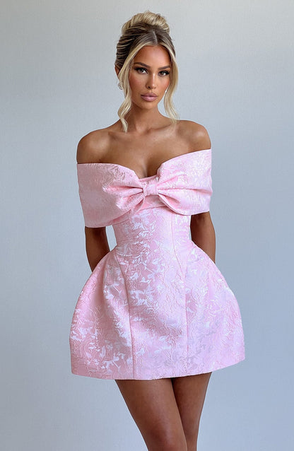 Women’s Off Shoulder Bow Bardot Mini Dress | Structured Fit | Tulip Skirt & Lace-Up Back | Steven & Levon