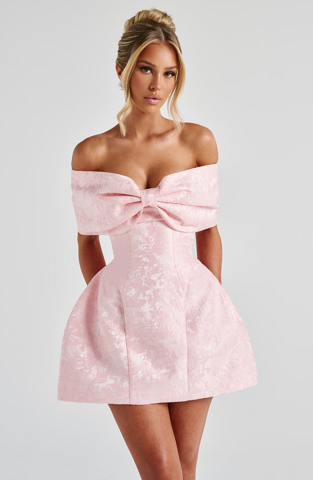 Women’s Off Shoulder Bow Bardot Mini Dress | Structured Fit | Tulip Skirt & Lace-Up Back | Steven & Levon