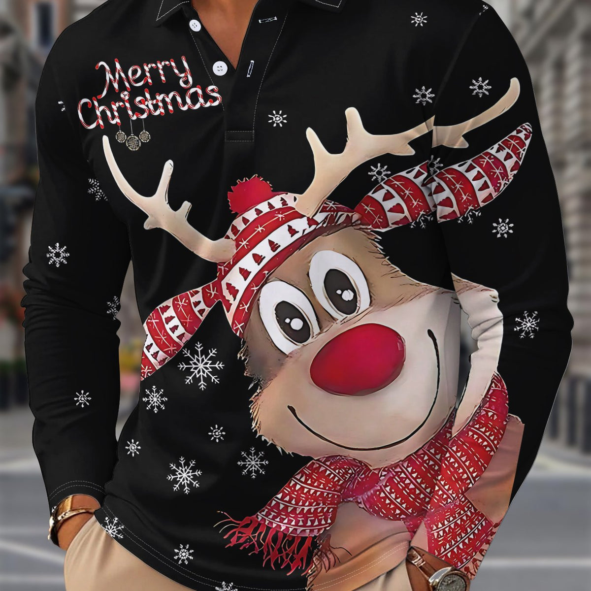 Christmas Casual Shirt | Men's Long Sleeve | Lapel Collar | Festive Holiday Style | Steven & Levon