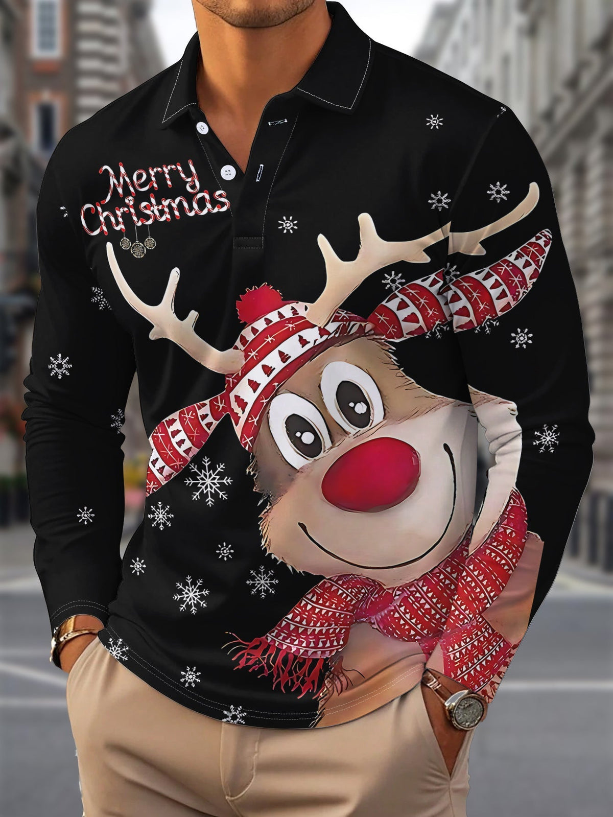 Christmas Casual Shirt | Men's Long Sleeve | Lapel Collar | Festive Holiday Style | Steven & Levon